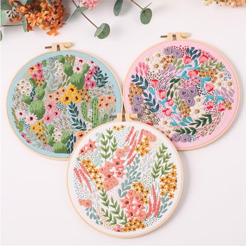 Smart-Feather 3 Pcs Flower Embroidery kit for Beginners, Embroidery Stitch Practice Kits for Adults with Hoop, DIY Art Project Craft Kit (Flower Stitches), size:b - style: Flower Stitches