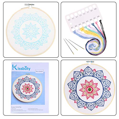 KISSBUTY Full Range of Embroidery Starter Kit with Pattern, Cross Stitch Kit Including Embroidery Fabricwith Floral Pattern, Bamboo Embroidery Hoop, Color Threads and Tools Kit (Blue Mandala)
