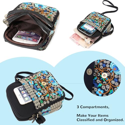 Embroidery Flowers Canvas Crossbody Bag, Women Messenger Bag, Cellphone Pouch Purse - color: Blue