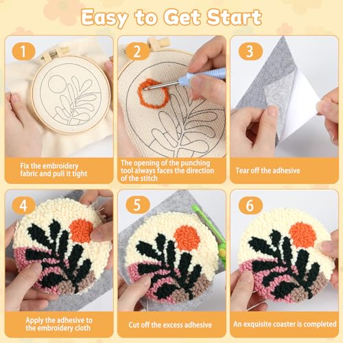 Punch Needle Coaster Kit for Beginners 6 Patterns Scenery Designs Embroidery Punch Needle Kit with Adhesive Felt Yarns Hoop Instruction Punching Decoration DIY Coaster Art Kits for Adults Beginner Kid