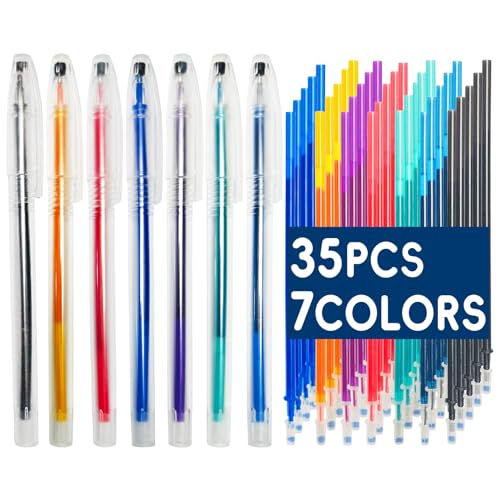 Jauisus 7 Pcs Heat Erasable Pens for Fabrics with 35 Refills, Fabric Marking Pens for Quilting Supplies DIY Embroidery Dressmaking Fabrics Tailors Chalk Pen(7 Colors, 35)
