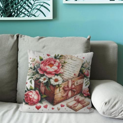 Huacan Cross-Stitch Pillow Kit Stamped Flower Pattern Without Pillow Core for Adults Beginners 17.7 x 17.7 in