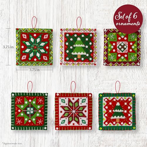 Bucilla Felt Applique 4 Piece Ornament Making Kit, Holiday Quilt Squares, Perfect for DIY Arts and Crafts, 89753E