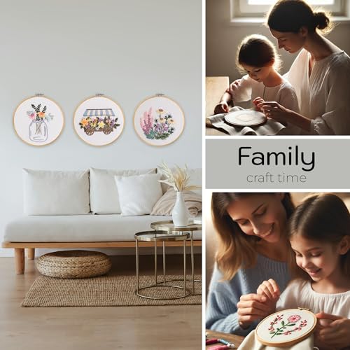 Looples Embroidery Kit for Beginners and Adults with Video Tutorials – DIY Starter Kit with 3 Stamped Floral Patterns, Hoops, Threads, Needles, and Instructions - Cart, Glass Jar, and Flowers - color: Cart, Jar and Flowers