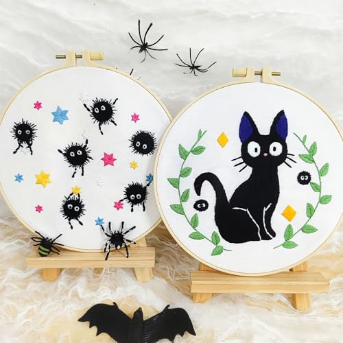 Cat Embroidery Starter Kit for Beginners Adults, Animal Stamped Cross Stitch Kit for Adult Beginner, Hand Embroidery Needlepoint Kits, 2 Set Embroidery Supply, 2 Hoops (Attached Video Tutorial) - color: Black Cat, size: 8inch