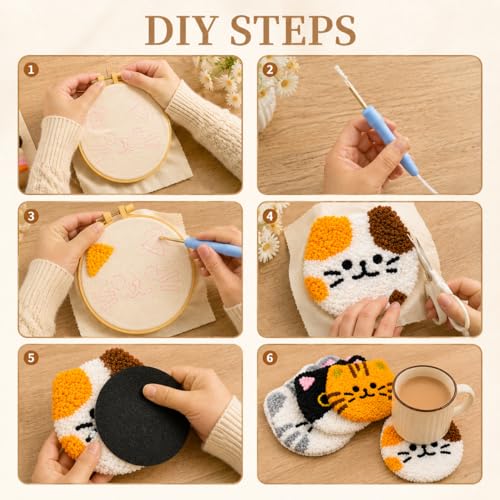 HGUANGJ Punch Needle Kit for Beginners Adults, Cat Coasters Kit with Adhesive Felt, Yarns, Embroidery Hoop for DIY Craft