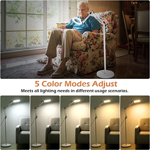 12X Real Glass Magnifying Glass with Light and Stand, LED 5 Color Modes, Stepless Dimmable Magnifying Floor Lamp, 3-in-1 Adjustable Swing Arm Lighted Magnifier Lamp with Clamp for Craft - White - color: White