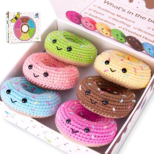 Crochet Kit for Beginners, Beginner Crochet Starter Kit w Step-by-Step Video Tutorials, Learn to Crochet Kits for Adults & Kids, DIY Knitting Supplies, 6-Pack Donut Family(40%+ Yarn Content) - color: Donut Family