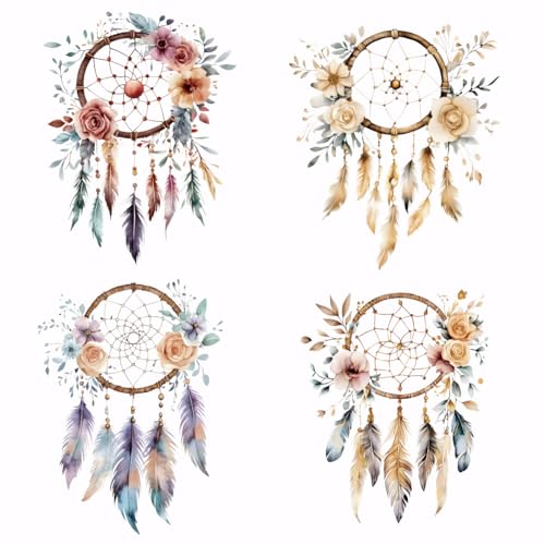 SUPERDANT 4 PCS Dreamcatcher Heat Transfer Floral Feather Iron on Transfers Plastic Patches Stickers Set Clothing Iron on Decals for T-Shirt Canvas Bags Jackets DIY Crafts 25x25CM - style: Dreamcatcher