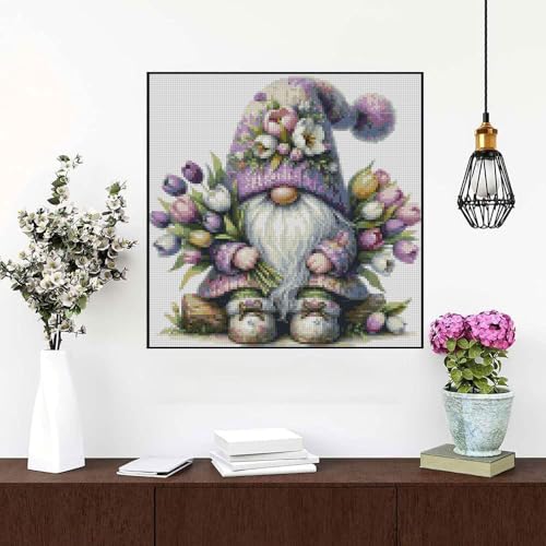 Gnome Stamped Cross Stitch Kits Flower Cross Stitch Patterns,Dimensions Cross Stitch Kits Embroidery Kit Arts and Crafts for Beginners 13.7x13.7 inches - color: D052A