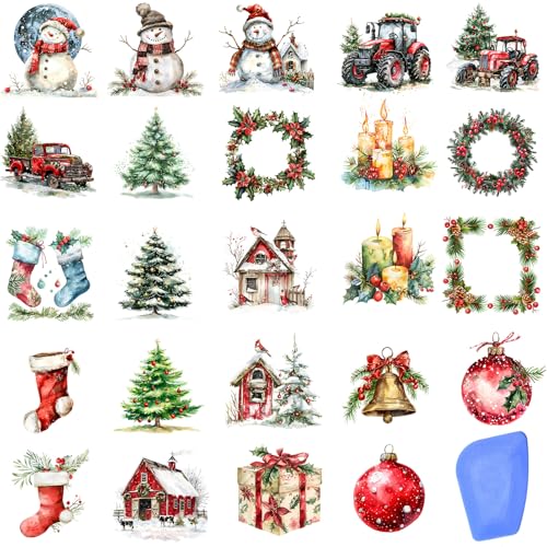 ZMRU 24 Sheets Vintage Christmas Rub On Transfers for Crafts, Rub On Transfers Christmas for Wood，Furniture Decals, Glass, Porcelain, Leather, Canvas, Fabric Projects,3 * 3inch(Cute Christmas) - color: Cute Christmas