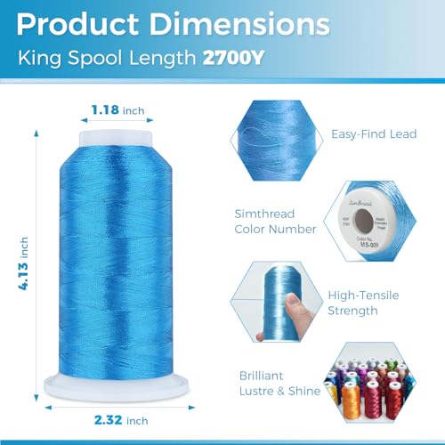 Simthread 2700 Yards Metallic Embroidery Machine Thread - Diamond Blue MS-009, 40wt High-Sheen King Spool, Smooth Running & Break Resistant for Commercial & Home Embroidery Machines - color: Diamond Blue MS-009