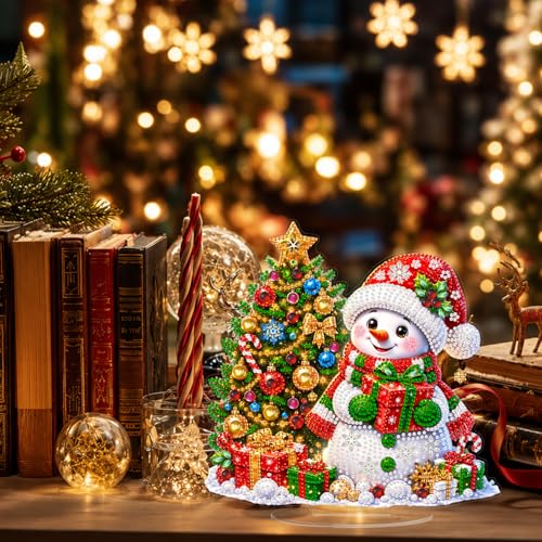 Eiflow Christmas Diamond Art Tabletop Kit for Adults Snowman Ornament, DIY Table Top Diamond Art Painting with Stand Acrylic Stand Up Gem Painting Board Kit - color: Snowman