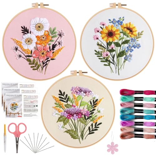 Offizon 3 Sets Embroidery Kit for Beginners Adult DIY Cross Stitches - color: Flower-B (3 Pack)