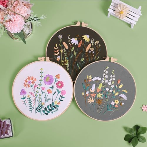 GLTAYLMY 3 Pack Embroidery Starter Kit for Beginners Stamped Cross Stitch Kits with Cute Flowers and Plants Patterns with 1 Embroidery Hoop and Color Threads for Adults - color: FEKOW