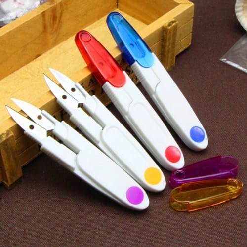 "4 Plastic Handle & Safety Cover Sewing Scissors Clothes Thread Embroidery Cross-stitch Craft Clipper Cutter Tailor Nippers, Sewing Snip Thread Cutter Scissors"