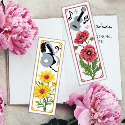 INFUNLY 6pcs Flower Music Cross Stitch Bookmark Kit for Beginners DIY Lily Tulip Roses Daisy Stamped Embroidery Bookmark Kits Piano Note Record Needlepoint Kit with Instruction for Book Lovers Readers - style: Flower Music