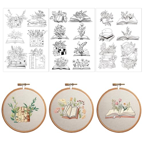 Water Soluble Embroidery Patterns Stabilizers, 3 Sheets Book Lover Stick and Stitch Papers Wash Away, Cat Flower Transfers Papers DIY Crafts Gifts for Hand Sewing Lover Beginners - size: Book Flower