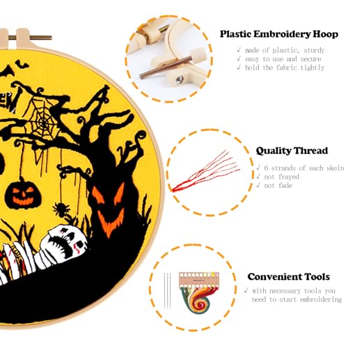 Topapfo Halloween Embroidery Kit with Tutorial, Beginners Adults Embroidery Pattern with Instruction Hoop Threads Needles - color: halloween