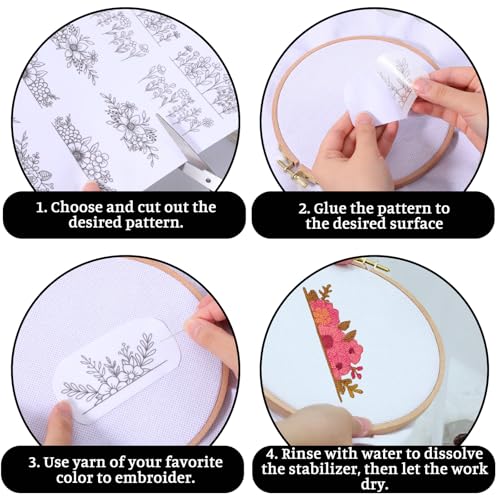 Water Soluble Embroidery Stabilizer 3 Sheets Water Soluble Stabilizer for Embroidery Patterns Stick and Stitch Embroidery-Paper Designs Transfer Paper with Pre-Printed Flower Leave for Hand Sewing