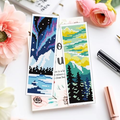 ACRNIGHEET 6PCS Cross Stitch Bookmark Kits for Beginners Stamped Pattern - style: Landscape Patterns 2