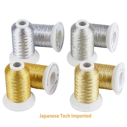 Simthread 8 Spools (4 Gold+ 4 Silver Colors) Metallic Embroidery Machine Thread 500M(550Y) for Embroidery and Decorative Sewing - color: 2Gold+2LightGlod+2Silver+2GraySilver