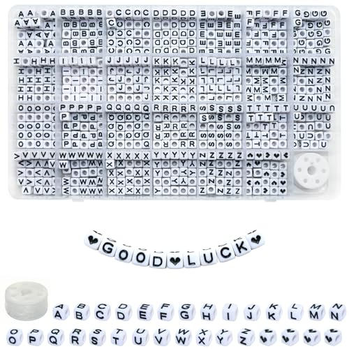 Amaney 810pcs Square Letter Beads 6x6mm Acrylic Alphabet Letter Beads White with Black Letters for Jewelry Making Bracelets Necklaces Key Chains - color: White&Heart, size: 6x6mm