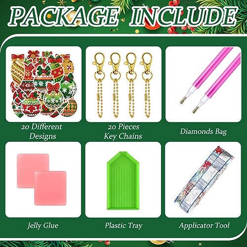 Tondiamo 20 Pcs Christmas Diamond Painting Keychain Kits 5D DIY Diamond Art Pendants Double Sided Hanging Key Chains for Christmas Party Decoration DIY(Balls Style) - style: Balls Style