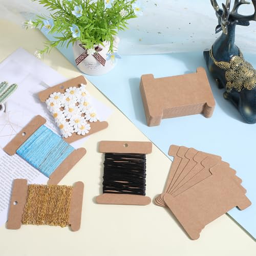 SUNNYCLUE 50Pcs Cardboard Spool Bulk Flat Thread Bobbin Kraft Paper Floss Embroidery Ribbon Holder Yarn Cords Line Strings Organizers Card Strings Bobbins for Crafting Cross Stitch DIY Sewing Storage