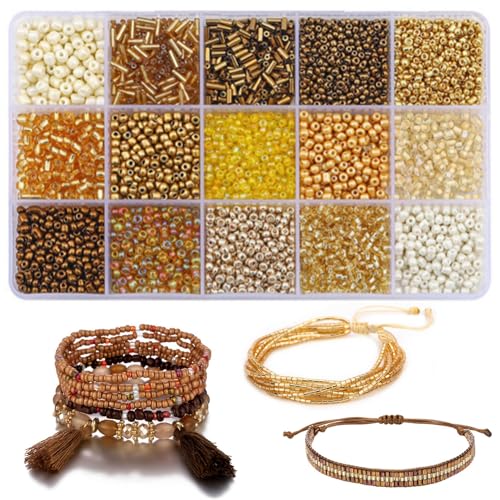 15 Color Glass Seed Tube Bugle Beads Bracelet Jewelry Making Kit,Gold - color: Gold