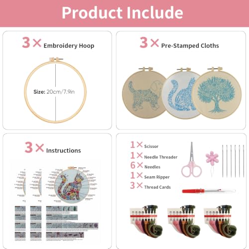 3 Packs Embroidery Kit for Adults, Embroidery for Beginners (Animal-1) - color: Animal-1