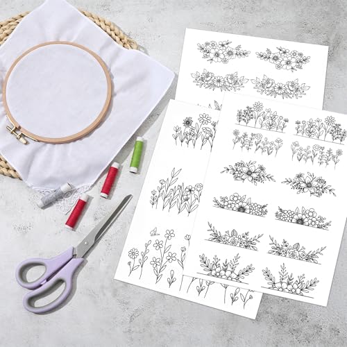 TAHULIK Water Soluble Stabilizer for Embroidery, 3 Sheets Water Soluble Embroidery Patterns, Stick and Stitch Embroidery Patterns, Transfer Paper with Pre-Printed Flower Leave for Hand Sewing