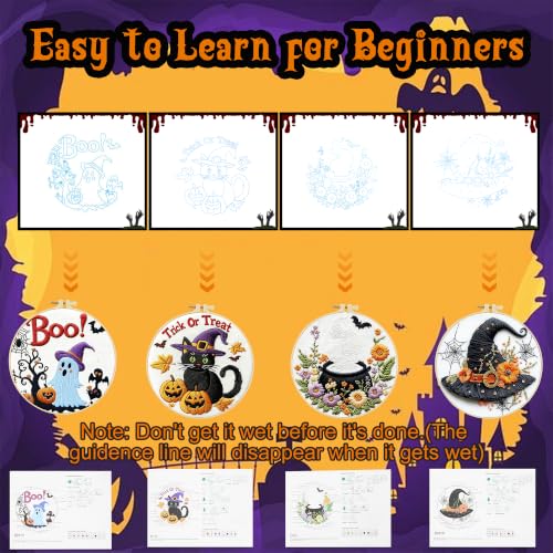 4 Sets Halloween Embroidery Kits for Beginners, Halloween Cross Stitch Kits - color: 4 Set Halloween