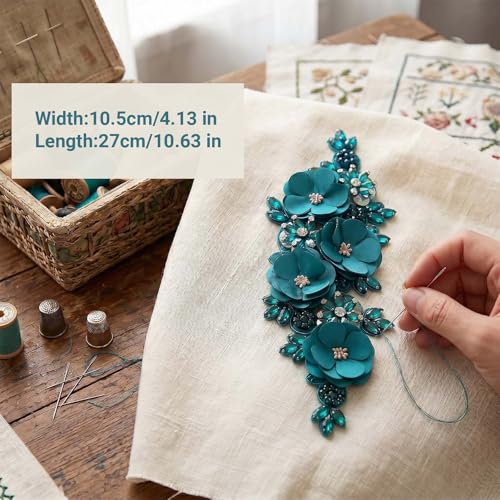 Handmade 3D Flower Embroidery Applique Rhinestone Lace Patches, Turquoise - color: Turquoise