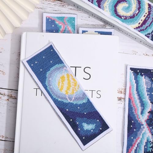 ORIGACH 6 Set Cross Stitch Bookmark Kit for Beginner Starry Sky Pattern DIY Stamped Embroidery Bookmark Kit with 20 Colors Embroidery Floss Instructions 8''x2.4'' - style: Starry Sky