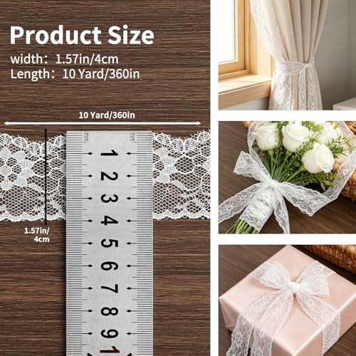 Lace Trim Ribbon, 10-Yard White Lace Ribbon, 1.57 Inch Width White Laces Trims Delicate Floral Pattern Ribbons for Crafts Sewing and Bridal Wedding Dress Applique Decorations - color: White049, Length: 10 Yards, Width: 1.6 inch
