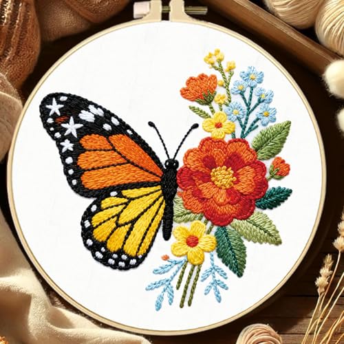 FREEBLOSS 4 Sets Embroidery Kit for Beginners Needlepoint Flower Butterfly Stamped Embroidery Starter Kit with Instructions, Needles, Threads, 2 Hoops 11.6"/29.5CM - style: Butterfly Flower