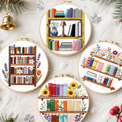 FREEBLOSS 4 Set Embroidery Kit Bookshelf Pattern Stamped Embroidery Starter Kit with Step by Step Instructions, Colored Threads, 2 Hoops, Needlepoint Kits for Hand Craft Lovers Gift, 30cm/11.8inch - style: Book Shelf