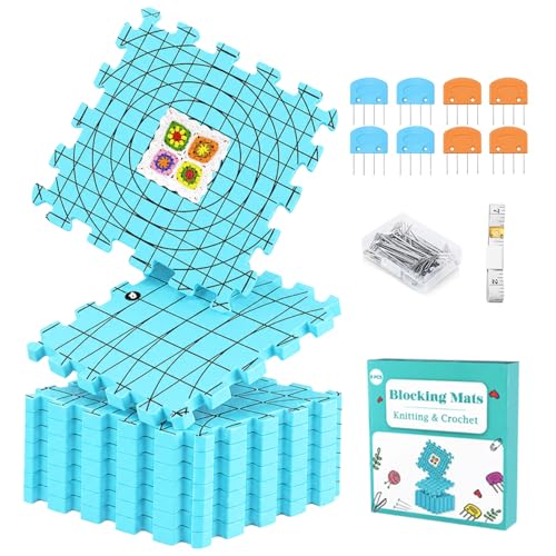 Yarniss 9PCS Blocking Mats for Knitting with 50 T-Pins & 8 Combs 12" x 12" - color: Light blue