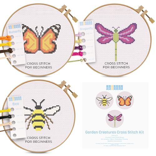 Kraftex Floral Stamped Cross Stitch Kits for Beginners - 3 Pack. DIY Embroidery Needlepoint Patterns for Adults. Easy Cross Stitch Kits for Beginners (Garden Creatures) - style: Garden Creatures