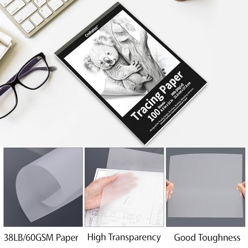 Crehatos 8.5" x 11" Tracing Paper, Translucent Tracing Pad, 100 Sheets 38lb/60gsm Vellum Art Paper - size: 8.5" x 11" (100 Sheet)