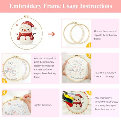 Zhenqing Snowman Embroidery Kit for Beginners, Christmas Winter Needlework Kit with Pre-Printed Cotton Fabric, 20cm Hoop, Threads & Tools (C0146) - style: Christmas Snowman