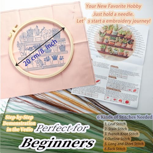 FONNUY Green Plant Embroidery Kit, Petite Potted Plants Patterns, Cross Stitch Kits for Adults and Beginners, Handmade Crafts with Printed Pattern Set, Thread Needlework, 8'' Hoop (Greeen A03) - color: Greeen A03