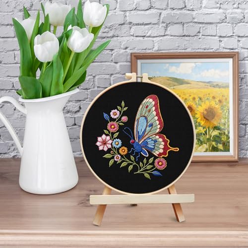 ERKOON Embroidery Kit for Beginners Adult, Cross Stitch Set Include Embroidery Cloth Hoop Threads for Craft Lover Hand Stitch with Embroidery Skill Techniques (Butterfly) - color: Butterfly