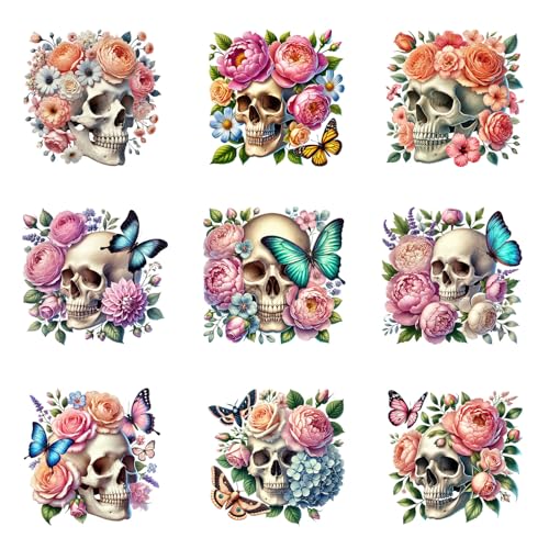 9pcs Floral Skull Butterfly Iron On Decals Thermal Transfer Stickers for Clothing Appliqued Sublimation Patches Iron On Transfer Designs Heat Press Vinyl for Shirts Pillow Covers - style: 9PCS-Y01(Small)