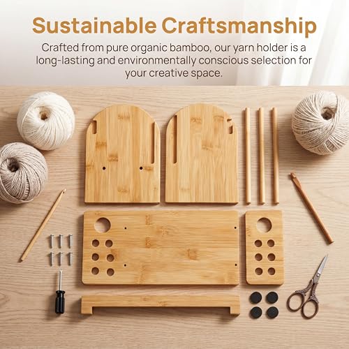 Wooden Yarn Holder with Phone Stand & Handy Tool Slot – Portable Yarn Spinner and Detachable Organizer Box for Crocheting, Knitting Projects and Yarn Storage