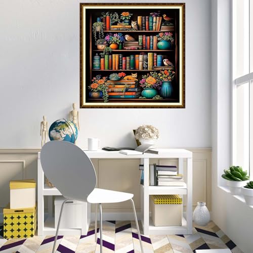 Redxing Counted Cross Stitch Kit for Beginners,Unprinted Needlepoint Kits for Beginners Cross Stitching Embroidery Kit 11CT Stitches kit-Bookshelf Flowers 18x18 inch - color: KitColors10