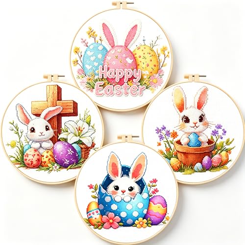 Zhenging Easter Cross Stitch Kit with 4 Bunny & EggPatterns -9.45x9.45 Inch Hoop, Pre-Printed Fabric,Threads, Tools -DlY Easter Craft Gift for Adults, HomeDecor - color: 69461