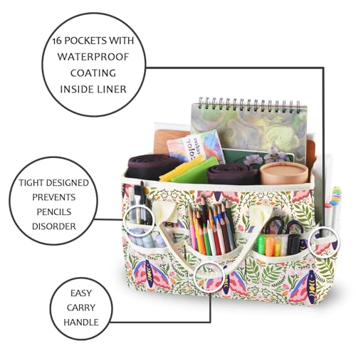 Craft Organizer Tote Bag with Multiple Pockets,Scrapbooking Art Storage - color: green moth