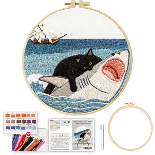 Black Cat Riding a Shark and a Sailboat Stamped Pattern Embroidery Kit for Beginners Adults Includes Cloth,Hoop,Color Threads,Needles and Instruction,Lover Hand Stitch with Embroidery Skill Techniques